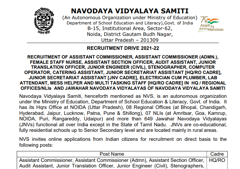 Navodaya Vidhyalay samiti recruitment various posts 2022.png